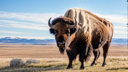   A large, brown buffalo atop a dry grass field, adjacent to a tall wooden pole Mountain backdrop