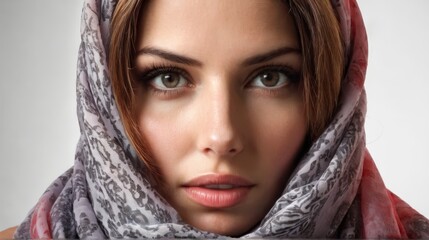   A woman in a scarf gazes intently at the camera with a serious expression