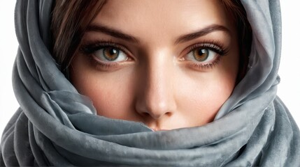   A close-up of a woman with a scarf over her eyes and head