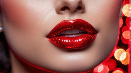 Fototapeta premium A tight shot of a woman's face, her lips painted boldly red, framed by intense spotlights to one side