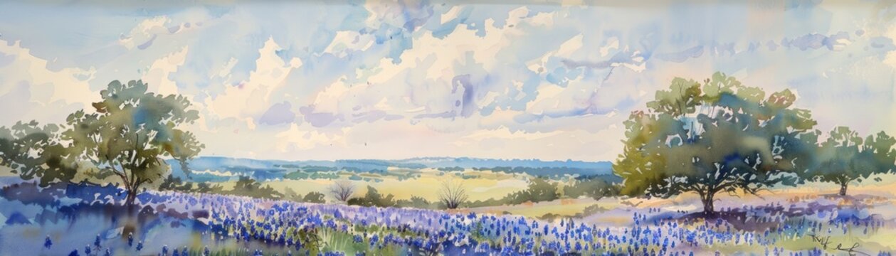 Field of bluebonnets watercolor wash sky