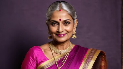   A woman, dressed in a pink sari, adorns a gold necklace She stands before a purple wall, grinning