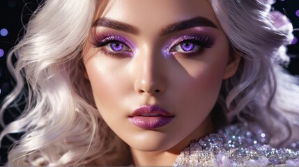 Fototapeta premium A tight shot of a woman's face wearing purple eyeshadow Her body and hair adorned with glitter