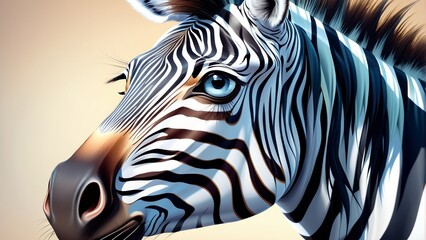   A zebra's head in close-up against a beige backdrop, its striking black and white stripes clearly visible
