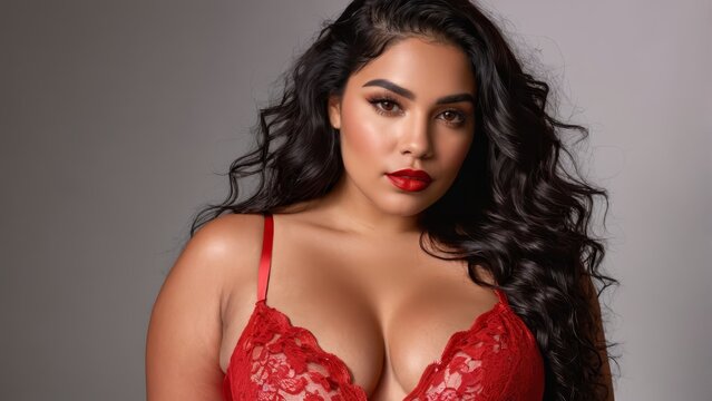   A woman in red lingeria - a bra and pants matched in this bold hue - assumes a confident pose, her hands resting on her hips as she gazes directly into the camera