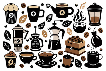 An assortment coffee-related illustrations silhouette black vector