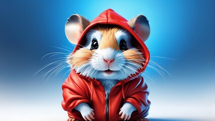   A brown and white rat in a red hoodie sits before a blue backdrop, donning a red jacket - obrazy, fototapety, plakaty