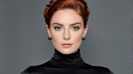  A woman with red hair and green eyes wears a black turtleneck, adorned with green earrings