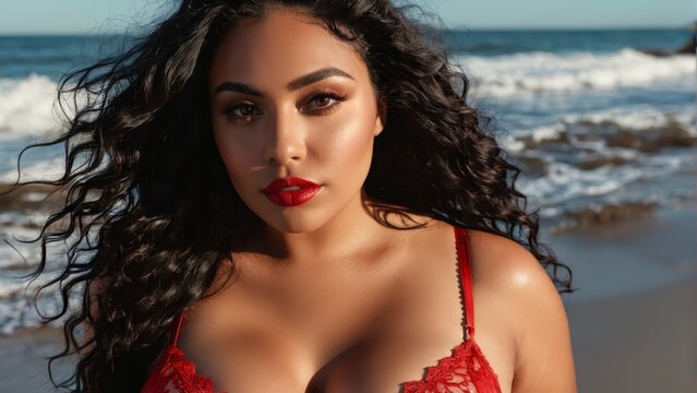   A woman in red lingeria, including a bra, is shown in a close-up at the beach Waves crash in the background
