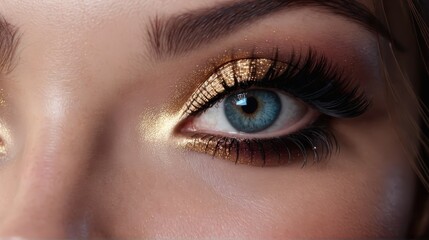   A close-up shot of a woman's eye adorned with gold glitter on her lid and lashes