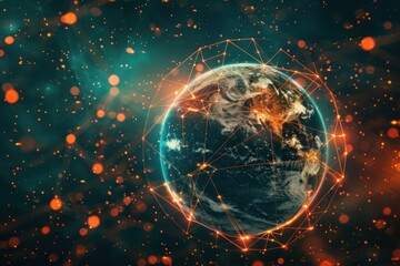 Obraz premium A globe of a planet surrounded by neural neon nexus lines, grid and nodes