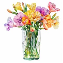A vase of watercolor freesias clipart exuding a delicate fragrance