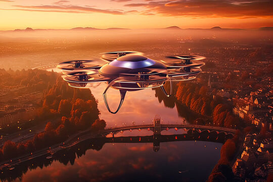 A futuristic drone is flying over a body of water with a beautiful sunset