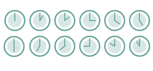 Vector clocks in medium stroke style showing each hour , illustrator black and white, icon, time passing, time, green theme