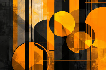 The image is a collage of various shapes and colors, including black and orange circles. Scene is abstract and modern, with a sense of chaos and disorganization. The use of different shapes - obrazy, fototapety, plakaty