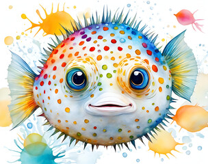 Colorful pufferfish swimming in a colorful background, illustrated by illustrators of tropical fish in the sea
