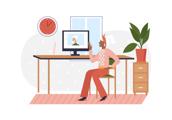 Elderly woman in video computer call. Senior woman using laptop cartoon vector illustration