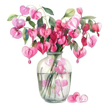 A vase of watercolor bleeding hearts clipart symbolizing true love