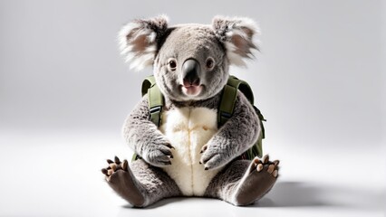   A koala in a backpack, legs crossed, smiles widely on a white backdrop