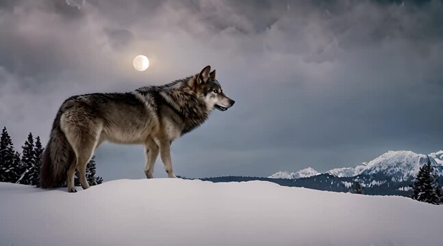 Dominating the Frozen Frontier, A Powerful Wolf Surveys Its Snowy Domain Under the Soft Glow of the Moon