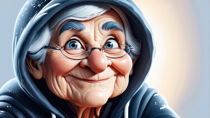  Elderly woman in hoodie, smiling at camera