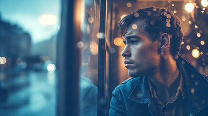 A contemplative man looking out a rainy window. - obrazy, fototapety, plakaty