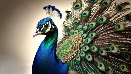 Obraz premium A close-up of a peacock with fully spread out feathers, displaying its vibrant tail feathers