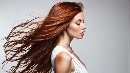   A stunning woman with long, red hair poses in a white gown; her locks billow in the wind