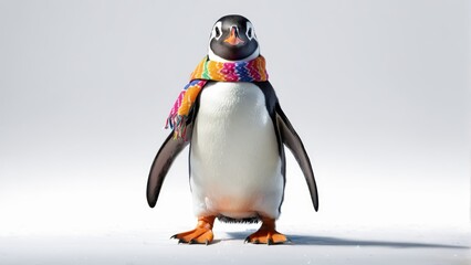   A penguin wearing a multicolored scarf, standing in the snow and gazing at the camera