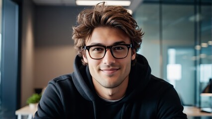   A tight shot of someone in glasses and a hoodie in a room boasting glass walls and a table