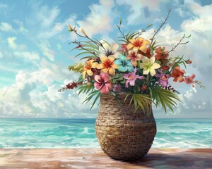 Woven basket vase by the seaside tropical flowers