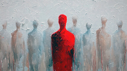 human shape in red stands out from the crowd - obrazy, fototapety, plakaty
