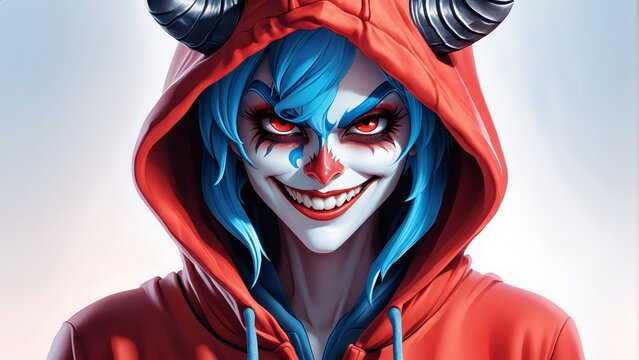   A tight shot of an individual donning a red hoodie adorned with horns and a devil mask concealing their face