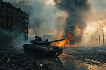 armored tank crosses a mine field during war invasion epic scene of fire and some in destroyed city