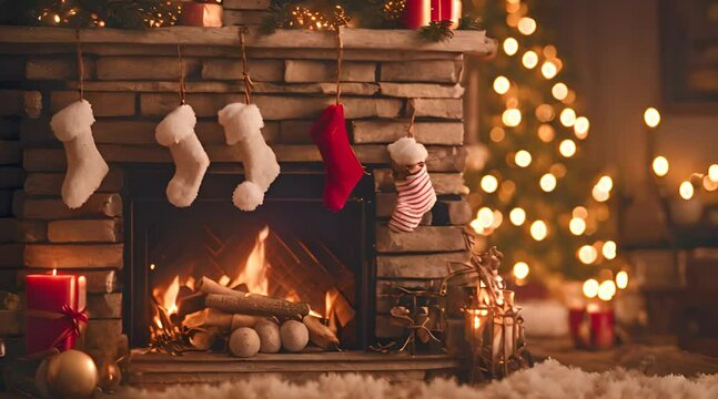 Christmas Cheer Fills the Air, A Family-Friendly Living Room with a Decorated Tree and a Stocking Hung by the Fireplace