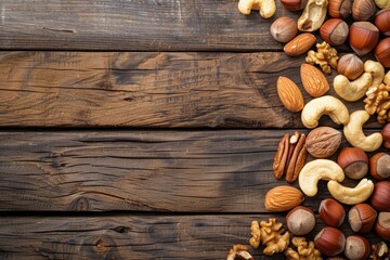 Assorted Nuts on Wooden Background. A nutritious assortment of almonds - obrazy, fototapety, plakaty