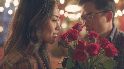 Cinematic scene. A young guy presents roses to a young girl on Valentine's Day. A romantic moment