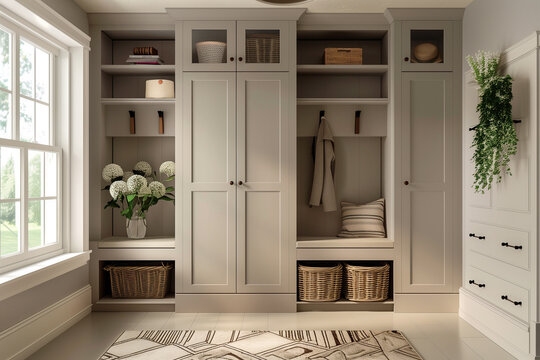 A cozy entryway mudroom with seating, coat hooks, shelves, and built-in cabinets for storage.