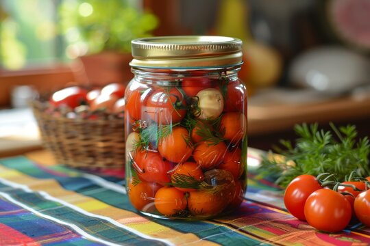 a jar of pickled tomatoes on table