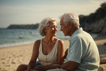 Elegant Elderly senior woman and man loving couple on beach at summer.