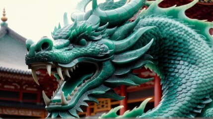 Fototapeta premium A tight shot of a dragon statuary facing a building with a Chinese-style rooftop, accompanied by a pagoda in the backdrop