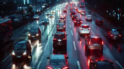 Muurstickers Busy Night Traffic on Urban Highway © Prostock-studio