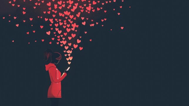 Emotional dependency on likes, illustrated by hearts flowing from a phone into a person, fueling their sense of self-worth