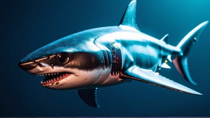 Naklejka premium A close-up of a shark model with its jaws widely open