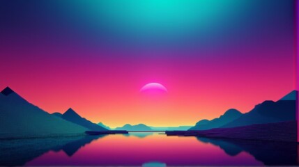  mountains and a body of water in the foreground, pink and blue sky in the background