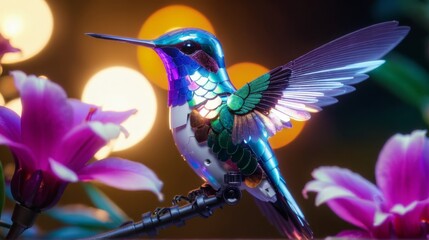   A hummingbird perches on a branch adorned with purple flowers against a backdrop of bright lights