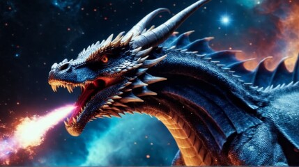   A dragon's close-up, mouth agape before a star-filled sky - adorned with clouds and twinkling stars - obrazy, fototapety, plakaty