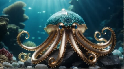   A blue-and-gold octopus rests atop a driftwood piece in a vibrant underwater tableau, teeming with corals and various marine species (3