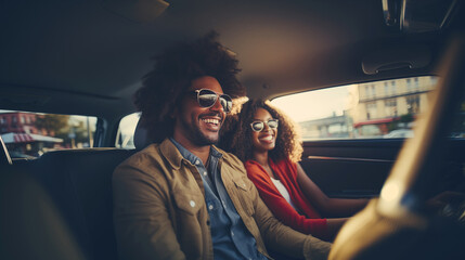A man and a woman in a car, happy and laughing. A couple in the car enjoying the ride - Powered by Adobe