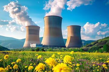 Cooling tower of nuclear power station, in beautiful summer landscape
